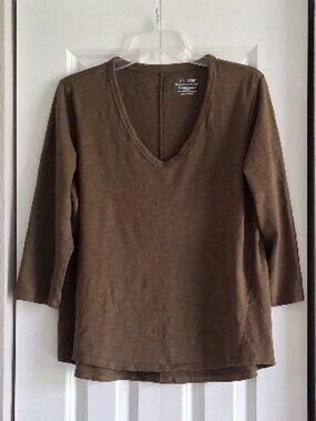 Chico's 3/4 Sleeve Solid Olive Green Blouse Women's Size 2 (Large)